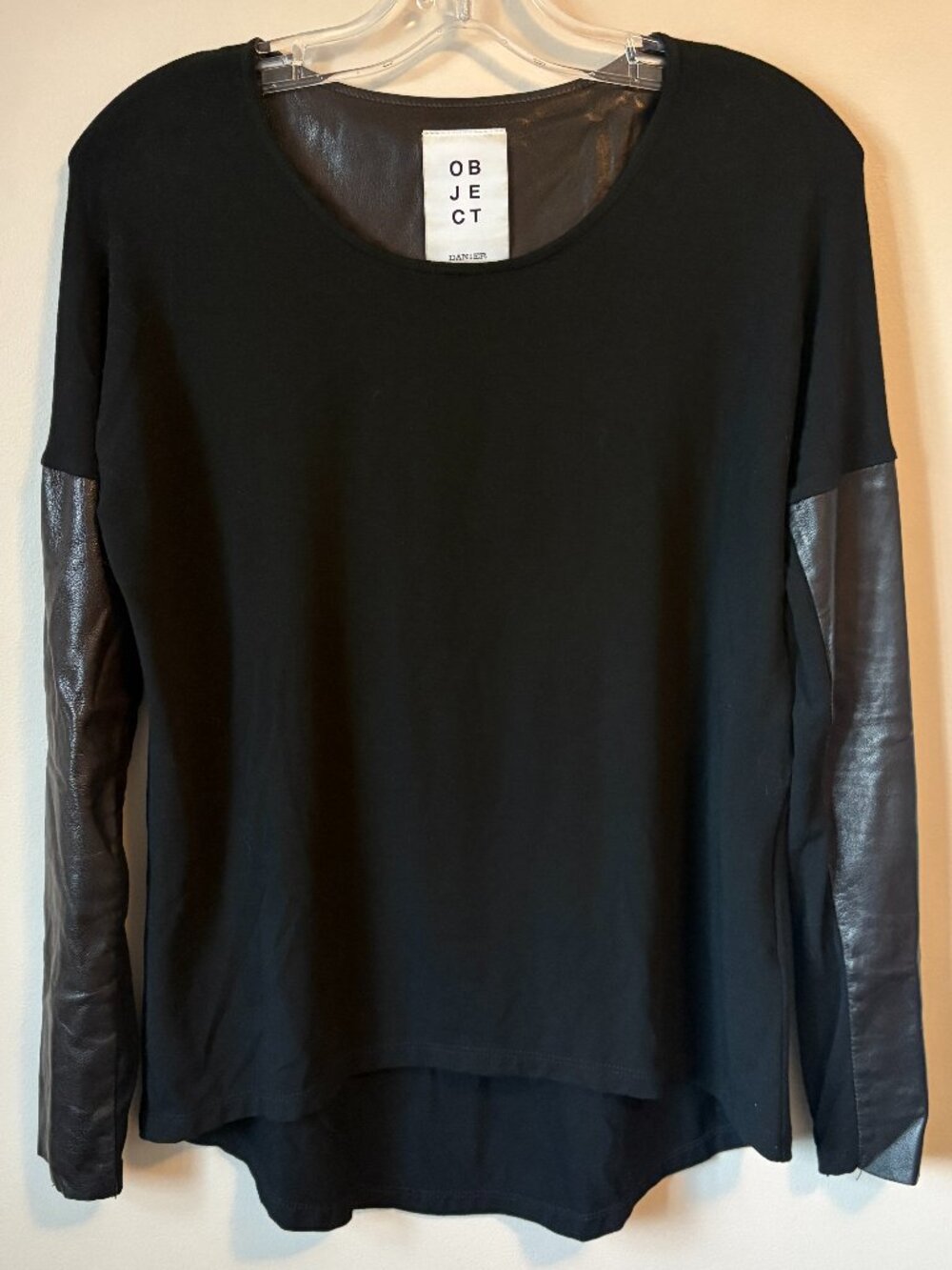 Danier OBJECT Black Leather Sleeve Knit Top Oversized Fit 3XS Small S